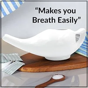 HEALTHANDWEALTH Durable Ceramic Neti Pot - Non-Metallic - Comfortable Grip - Microwave and Dishwasher Friendly + 10 Sachet Neti Salt 225 Ml. (7.6 FL Oz) Capacity (White) - SPN-WT380C
