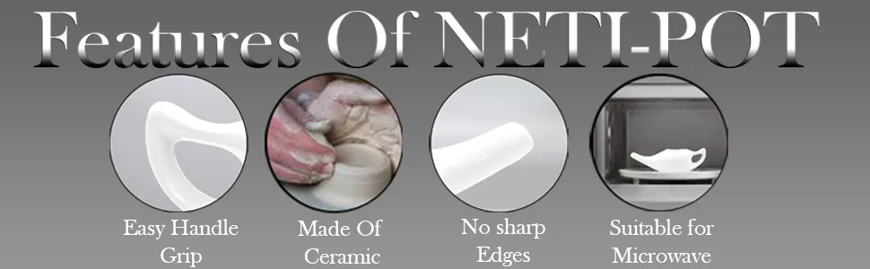 HEALTHANDWEALTH Durable Ceramic Neti Pot - Non-Metallic - Comfortable Grip - Microwave and Dishwasher Friendly + 10 Sachet Neti Salt 225 Ml. (7.6 FL Oz) Capacity (White) - SPN-WT380C