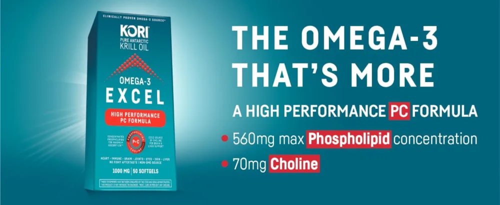 Kori Krill Excel Krill Oil 1000mg Supplements with EPA & DHA High Performance PC Formula for Max Absorption Non-GMO Source 50 Softgels 50 Count (Pack of 1) - New Kori Omega3 Excel High performance PC formula. High absorption, choline, essential EPA & DHA