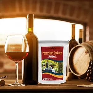 Potassium Sorbate Stabilizer for Wine Making | Powder 5 lb. Food-Grade Preservative for Longer Freshness and Extended Life Cycle - wine cellar with Potassium sorbate, wine bottle, glass of red wine, and wine barrel