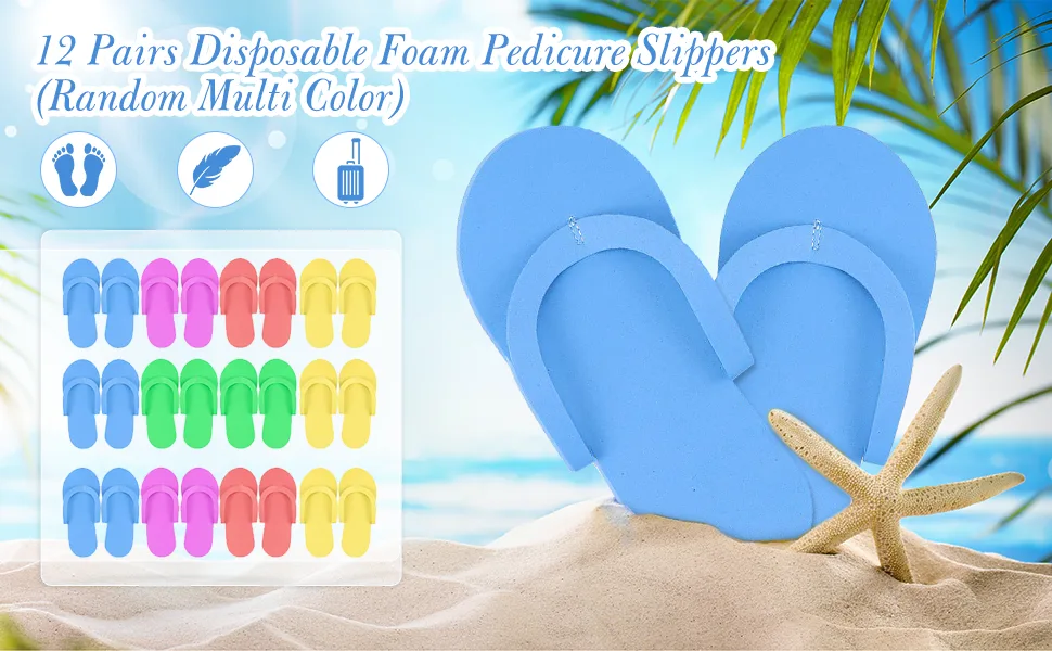 Hysagtek 12 Pairs Disposable Slippers Shower Sand Pedicure Beach Light Weight Foam Flip Flops  Sandals Random Color - product information 2