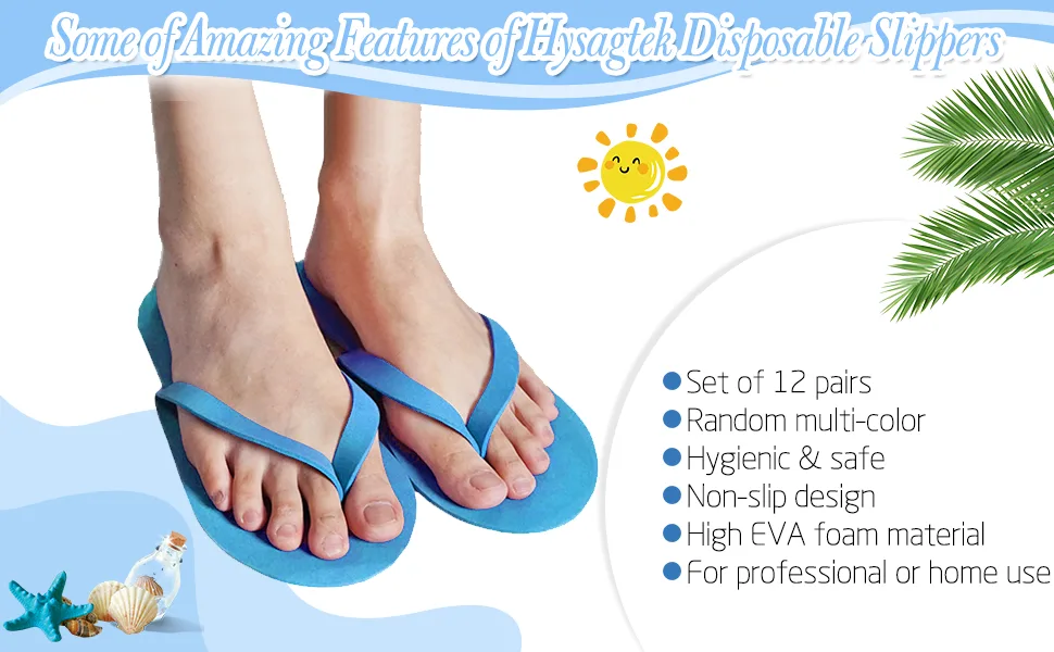 Hysagtek 12 Pairs Disposable Slippers Shower Sand Pedicure Beach Light Weight Foam Flip Flops  Sandals Random Color - product information 4