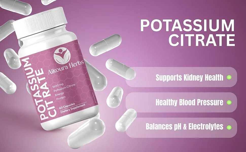 Aikoura Herbs Potassium Citrate Capsules 1600mg Natural Support for Energy Wellness & Hydration 60 Veg Capsules - product information 1