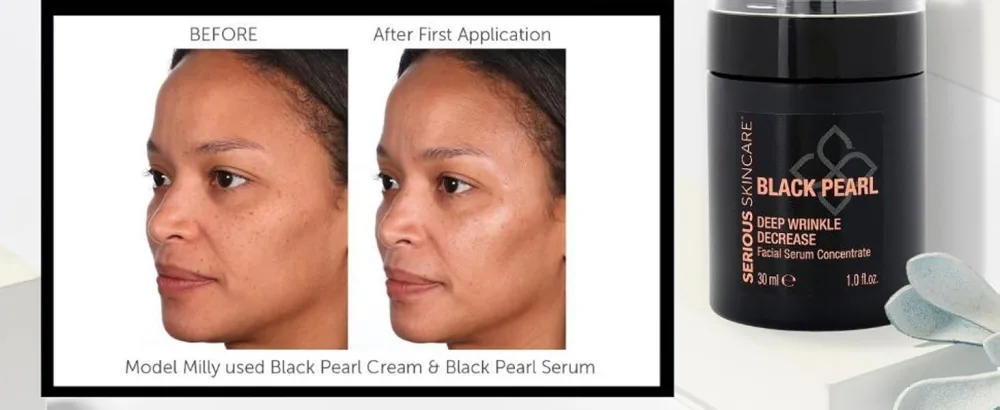 Black Pearl Deep Wrinkle Decrease Face and Neck Skin Moisturizing Duo - Facial Cream 1.7 oz and Treatment Serum for Face 1 oz - Hydrate Brightening Long Term Repair - before and after first application of black pearl serum and cream, skin has illuminating glow