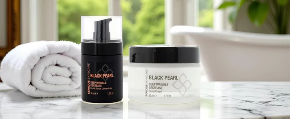Black Pearl Deep Wrinkle Decrease Face and Neck Skin Moisturizing Duo - Facial Cream 1.7 oz and Treatment Serum for Face 1 oz - Hydrate Brightening Long Term Repair - image of serious skincare black pearl wrinkle decrease serum and cream sitting on marble countertop
