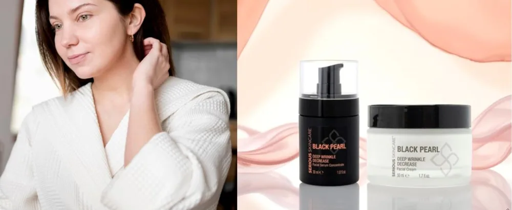 Black Pearl Deep Wrinkle Decrease Face and Neck Skin Moisturizing Duo - Facial Cream 1.7 oz and Treatment Serum for Face 1 oz - Hydrate Brightening Long Term Repair - image of womans face, skin has soft glow and looks smooth. image of black pearl serum and cream