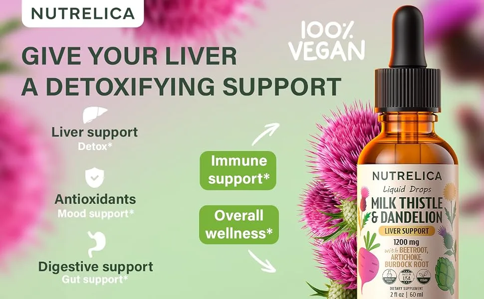 Milk Thistle & Dandelion Liver Support with Beet Root Artichoke & Burdock 1200mg Herbal Detox Formula No Sugar Alcohol-Free Vegan Non-GMO - a+ - milk