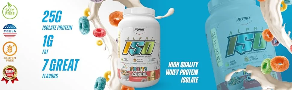 Alpha Supps ISO Low Carb 100% Whey Protein Isolate Powder 25 Grams Per Serving Helps Support Muscle Growth Low Sugar and Gluten Free (5 Pound (Pack of 1) Chocolate Cake) - Alpha Supps Iso Fruity Cereal Horizontal Banner