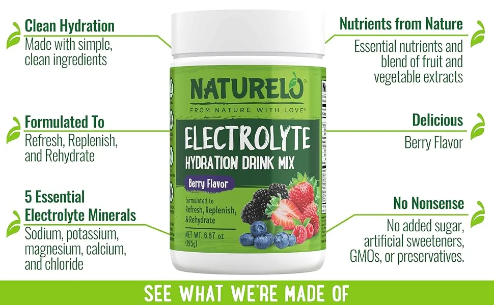 NATURELO Electrolyte Powder Hydration and Mineral Drink Mix Sugar Free & Non-GMO Berry Flavor 50 Servings - Hydration Drink New Callouts