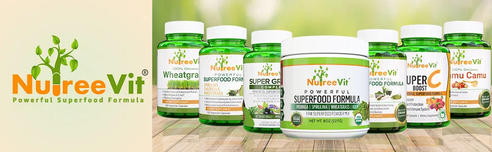 NutreeVit SuperGreens - Spirulina Chlorella Wheatgrass + More - Nutrient-Packed Green Blend 60 Count (Pack of 1) - Nutreevit Products Banner