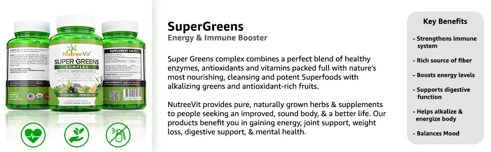 NutreeVit SuperGreens - Spirulina Chlorella Wheatgrass + More - Nutrient-Packed Green Blend 60 Count (Pack of 1) - Super Greens Description