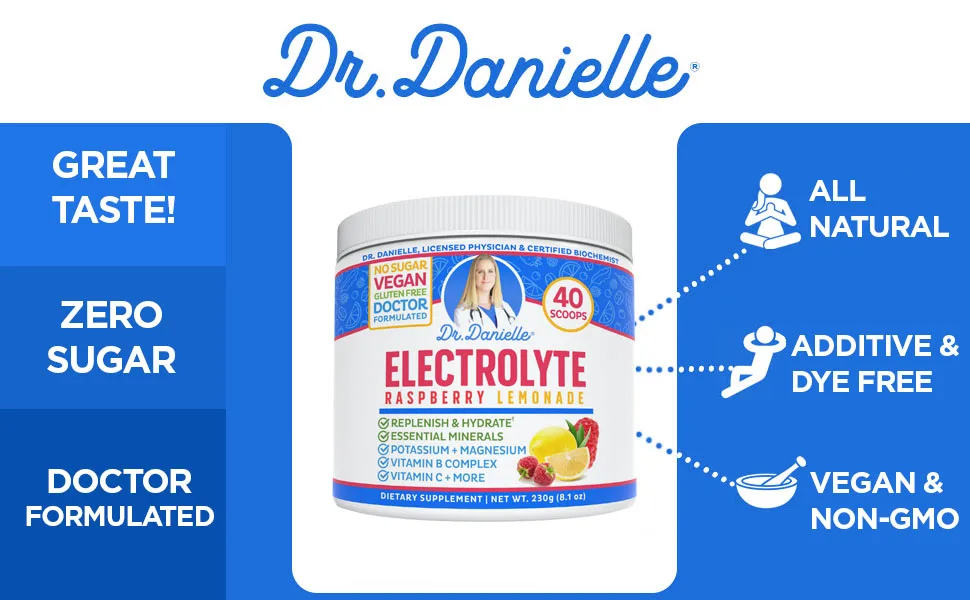 Dr. Danielle's Original Electrolyte Powder - Hydration Drink Mix Supplement - Boosts Energy & Keto-Friendly - No Maltodextrin & Sugar Free - Raspberry Lemonade Flavor - best electrolyte drink mix