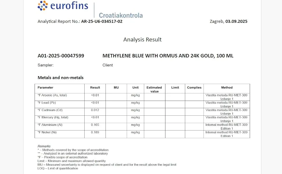 Methylene Blue & Ormus & Gold 3.4 Fl Oz - 100 ml | Ultra High Purity | with 10 ppm Colloidal Gold 24K | Glass Bottle | Third-Party Tested | Heiltropfen  - Heiltropfen Ormus Gold Methylene Blue dropper for research use certificate heavy metals non-metals.