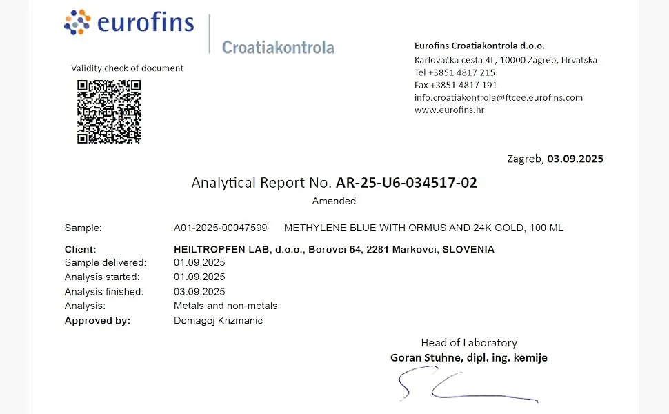 Methylene Blue & Ormus & Gold 3.4 Fl Oz - 100 ml | Ultra High Purity | with 10 ppm Colloidal Gold 24K | Glass Bottle | Third-Party Tested | Heiltropfen  - Heiltropfen Ormus Gold Methylene Blue dropper for research use certificate details eurofins.