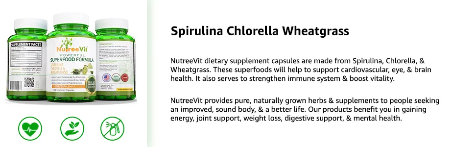 NutreeVit Pure 100% Organic Spirulina + Chlorella + Wheatgrass - Powerful Superfood - Veggie Capsules | 500mg 240 Count (Pack of 1) - SCW Description