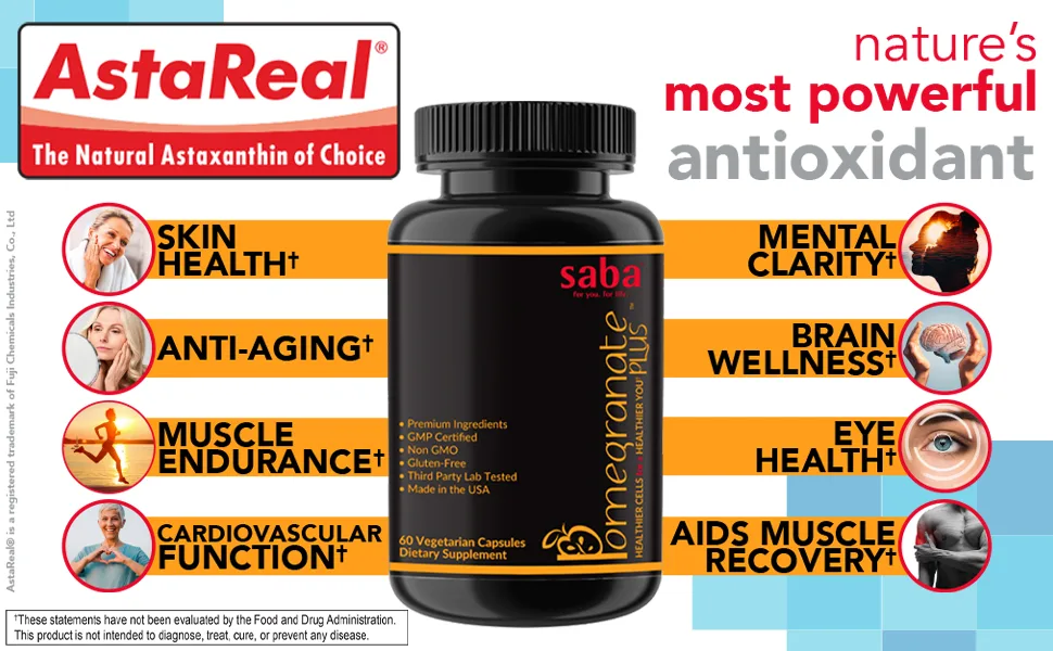 Saba Pomegranate Plus -Cellular Nutrition Broad Spectrum of Essential Antioxidants - Support Stress Cardiovascular Wellness Immune System Vision- 60 Capsules - AstaReal: Nature's Most Powerful Antioxidant †