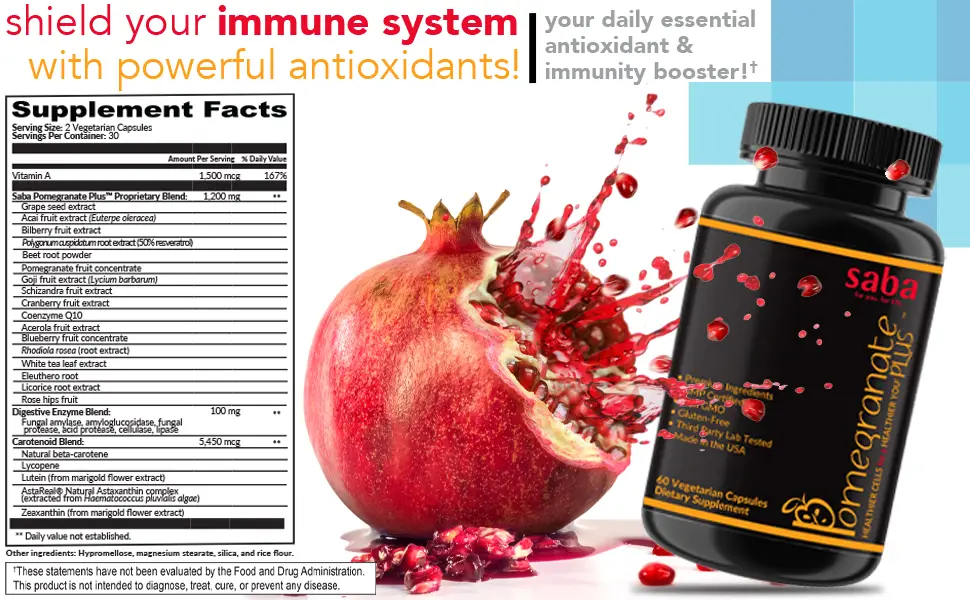 Saba Pomegranate Plus -Cellular Nutrition Broad Spectrum of Essential Antioxidants - Support Stress Cardiovascular Wellness Immune System Vision- 60 Capsules - Shield Your Immune System With Powerful Antioxidants!