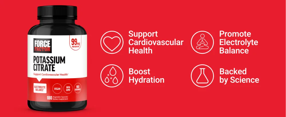 Force Factor Potassium Citrate Potassium Capsules to Support Cardiovascular Health Promote Electrolyte Balance and Boost Hydration Ideal for Athletes 180 Vegetable Capsules - potassium citrate potassium powder gummies apigenin supplement for sleep citrato potasio