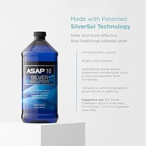 American Biotech Labs - ASAP 10 Silver Solution - Immune System Support 10 ppm Silver Solution Dietary Supplement - 32 fl. oz. Unflavored 32 Fl Oz (Pack of 1) - asap