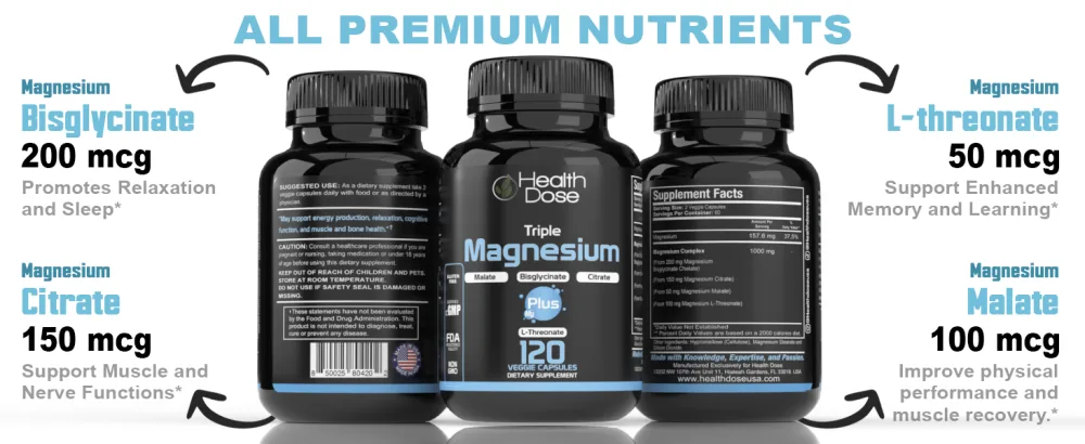 Health Dose Triple Magnesium Complex 1000 mg | L-Threonate Bisglycinate Citrate & Malate Blend | Support for Muscle Relaxation Sleep & Cognitive Function | 120 Capsules | All-in-One Formula - all premium nutrients