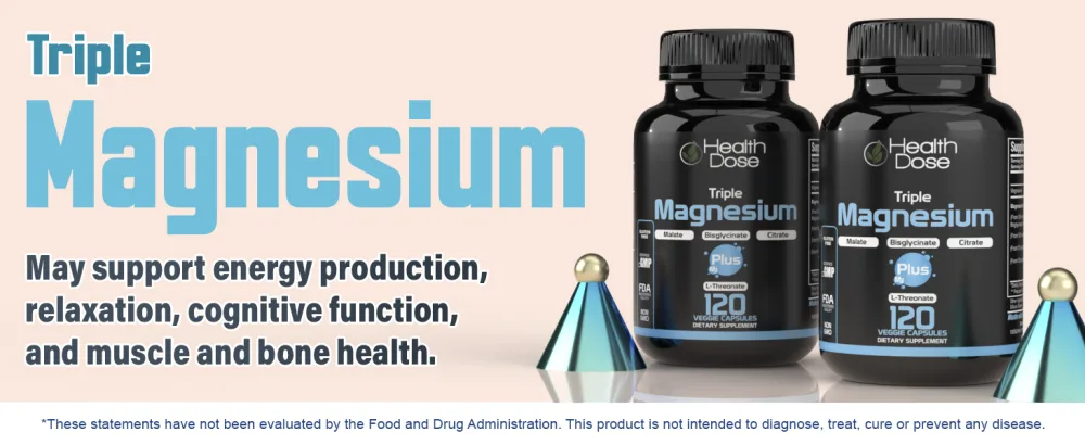 Health Dose Triple Magnesium Complex 1000 mg | L-Threonate Bisglycinate Citrate & Malate Blend | Support for Muscle Relaxation Sleep & Cognitive Function | 120 Capsules | All-in-One Formula - TRIPLE mAGNESIUM