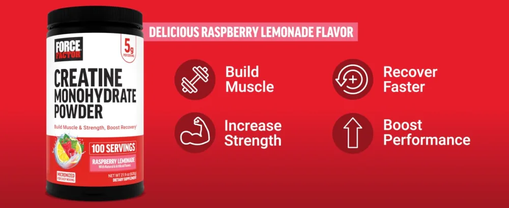 Force Factor Creatine Monohydrate Powder 5g Micronized Dose to Support Muscle Growth Strength Recovery Cognitive Health & Working Memory Raspberry Lemonade 100 Servings - creatine monohydrate gummies thorne women powder capsules pills nutricost creatina monohidratada
