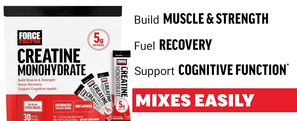 Force Factor Creatine Monohydrate 5g Micronized Creatine Powder for Muscle Strength Performance Recovery and Cognitive Support On The Go Single Serve Travel Packs Unflavored 30 Packets - creatine monohydrate gummies thorne women powder capsules pills nutricost creatina monohidratada