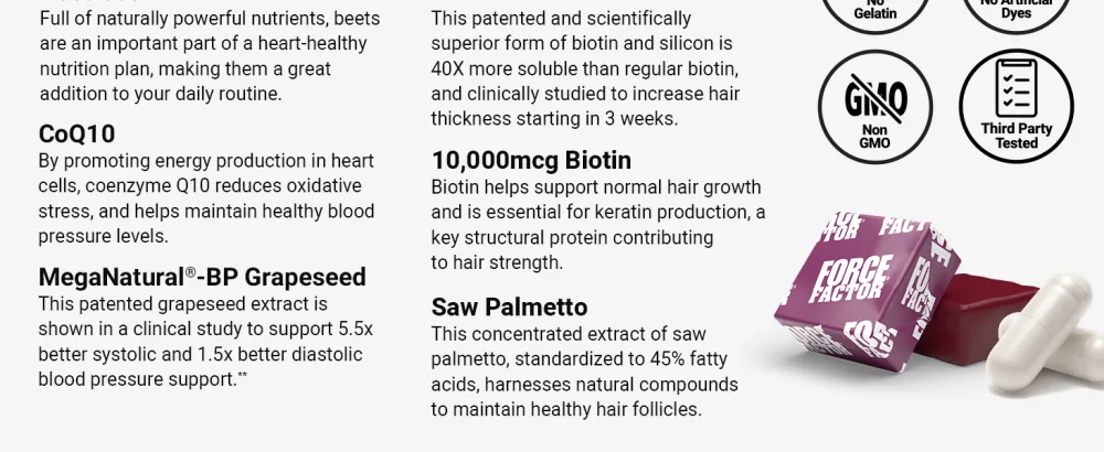 Force Factor Hair Growth Accelerator Capsules 90 Capsules + Total Beets Ultimate Heart Health Blood Pressure Support Pomegranate Berry 60 Soft Chews - super beet heart chew chewable soft gummies gummy high blood pressure supplement memory focus beat