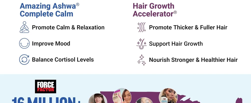 Force Factor Hair Growth Accelerator Capsules 90 Capsules + Amazing Ashwa Complete Calm Support with KSM-66 Ashwagandha Blueberry Pomegranate 60 Soft Chews - mary ruth multivitamin hair growth products viviscal supplement for women vitamins loss maryruths