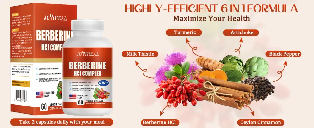 JUYIHEAL 2Pack Berberine with Ceylon Cinnamon Turmeric Milk Thistle Artichoke Black Pepper Berberine Supplement for Support Immune System - 120 Capsules Berberine HCI - berberine capsules supplements