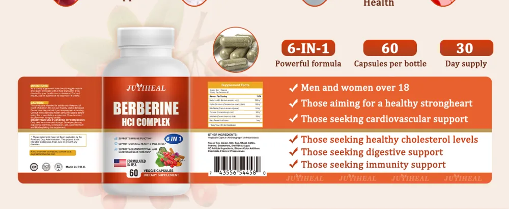 JUYIHEAL 2Pack Berberine with Ceylon Cinnamon Turmeric Milk Thistle Artichoke Black Pepper Berberine Supplement for Support Immune System - 120 Capsules Berberine HCI - Premium Berberine