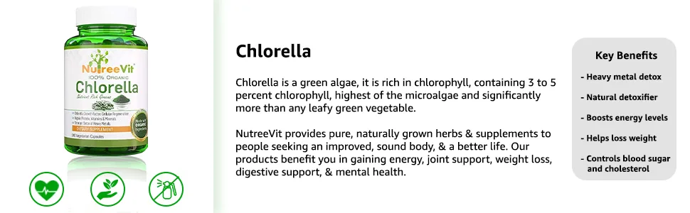 NutreeVit Pure Organic Chlorella Extract- Cracked Cell Walls Plant Vitamin - Veggie Capsules - Chlorella Description