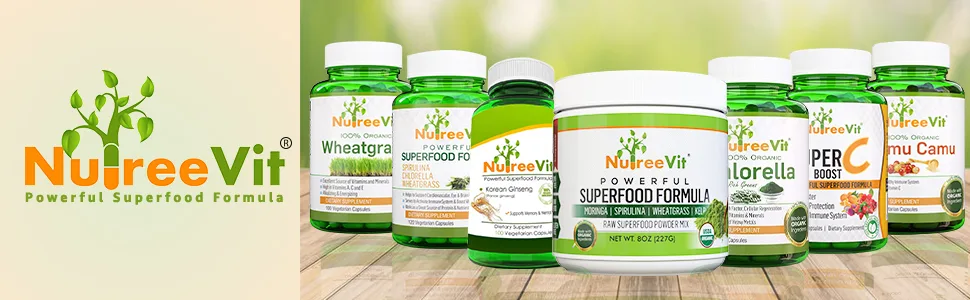 NutreeVit Pure Organic Chlorella Extract- Cracked Cell Walls Plant Vitamin - Veggie Capsules - Nutreevit Products Banner