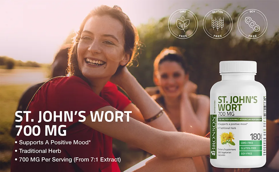 Bronson St. John's Wort 700 MG per Serving Hypericum Perforatum Supports a Positive Mood - Non-GMO 90 Vegetarian Capsules 90 Count (Pack of 1) - st johns wort