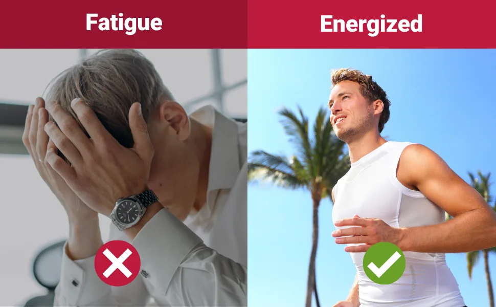 NEW ROOTS HERBAL Vitamin D3 Supplement 5000 IU with Vitamin E | Ultra Strength Vitamin D extracted from Sun Flower (180 Softgels) Non-GMO Effective Immune Support GMP Certified - Contrast image: Fatigue (stressed man) versus Energized (man running outdoors).