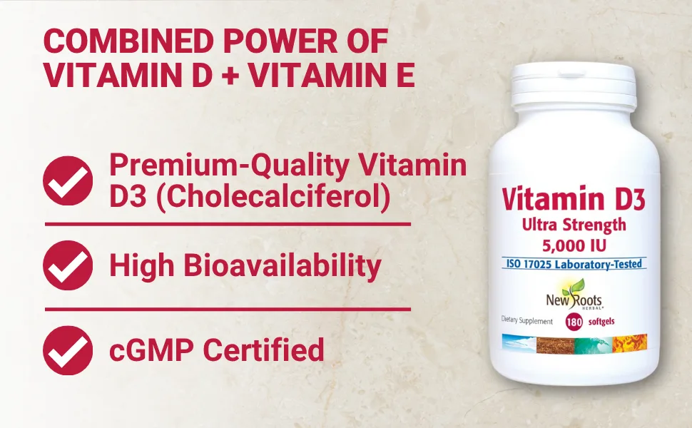 NEW ROOTS HERBAL Vitamin D3 Supplement 5000 IU with Vitamin E | Ultra Strength Vitamin D extracted from Sun Flower (180 Softgels) Non-GMO Effective Immune Support GMP Certified - Vitamin D3 + E combination: Premium-Quality D3, High Bioavailability, and cGMP Certified.
