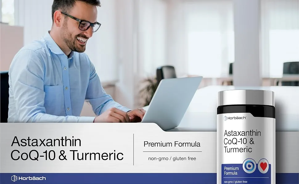 Horb ach Astaxanthin 12mg | with CoQ-10 & Turmeric | 60 Softgels | Premium Formula | Non-GMO Gluten Free Supplement - man typing at computer