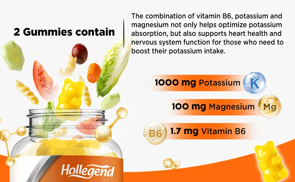 HOLLEGEND Potassium Gummies 1000mg Maximize Absoption Blend with Vitamin B6 Magnesium Potassium Citrate Supplement for Adults Sugar Free 60 Count - potassium citrate 1000mg