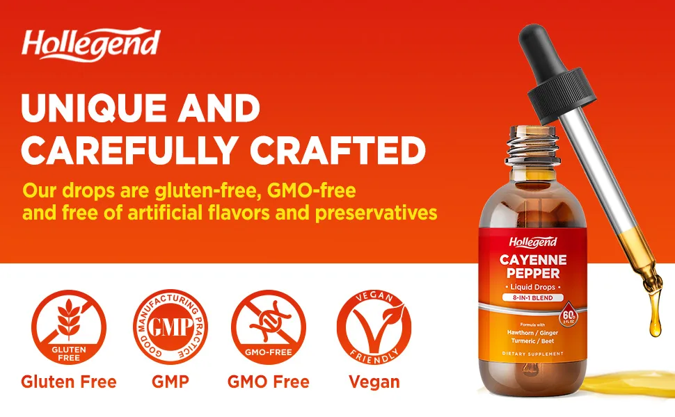 HOLLEGEND Cayenne Pepper Liquid Drops 500mg Cayenne Pepper Supplement Tincture with Hawthorn Ginger Turmeric 2 Fl Oz - cayenne pepper supplement
