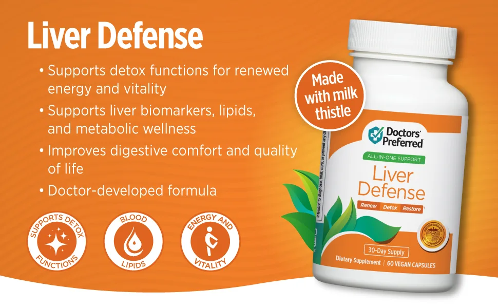 DOCTORS' PREFERRED Liver Defense with Milk Thistle | 60 Capsules 60 Count (Pack of 1) - Bottle image surrounded by benefits