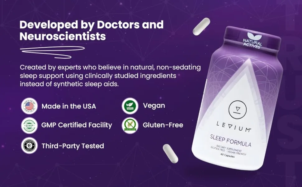 Levium Sleep Formula Supplement | Natural Relaxation Aid Capsules with Melatonin GABA L-Theanine Magnesium | 60 Count Bottle 30 Day Supply - Natural sleep support capsules formulated for nightly use with clean ingredients
