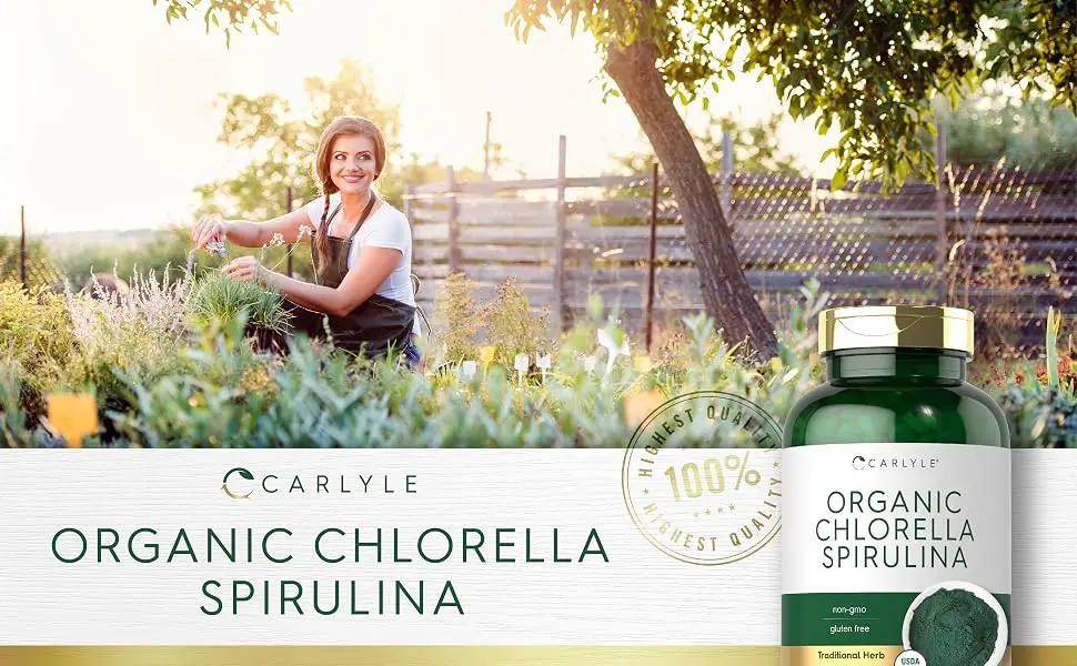 Carlyle Organic Chlorella Spirulina Tablets | 1300 Count | 50/50 Blend | Non-GMO and Gluten Free Supplement - Chlorella