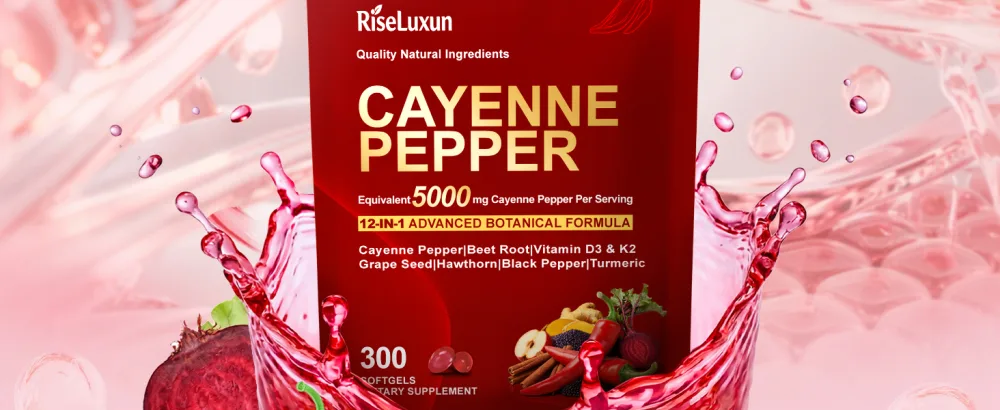 RiseLuxun 12-in-1 Cayenne Pepper Capsules Supplement* 5000mg Per Serving Containing | Vitamin D3 K2+E & Extracts of Grape Seed Hawthorn Beetroot Berberine Other Extracts - Cayenne Pepper Softgels