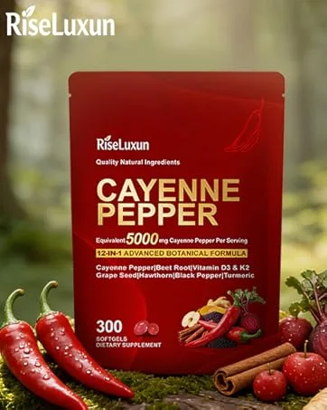 RiseLuxun 12-in-1 Cayenne Pepper Capsules Supplement* 5000mg Per Serving Containing | Vitamin D3 K2+E & Extracts of Grape Seed Hawthorn Beetroot Berberine Other Extracts - RiseLuxun