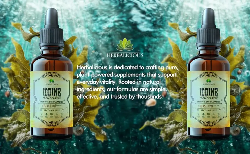 HERBALICIOUS Iodine Drops Natural Iodine Liquid from Sea Kelp Thyroid Supplement for Energy Digestion & Immune Support Organic Non-GMO Formula 2 fl oz - Iodine