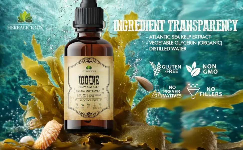 HERBALICIOUS Iodine Drops Natural Iodine Liquid from Sea Kelp Thyroid Supplement for Energy Digestion & Immune Support Organic Non-GMO Formula 2 fl oz - Iodine
