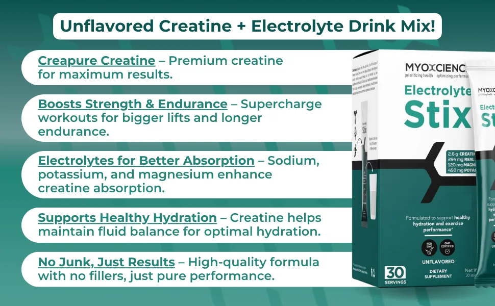 MYOXCIENCE Electrolyte STIX | Creatine Electrolyte Powder | Recovery from Exercise & Muscle Development w/Real Salt (Unflavored) (Stix 30 ct) Unflavored 30 Count - Electrolyte STIX (30 Servings) (Unflavored)