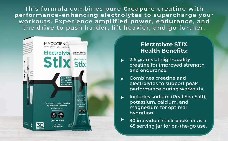 MYOXCIENCE Electrolyte STIX | Creatine Electrolyte Powder | Recovery from Exercise & Muscle Development w/Real Salt (Unflavored) (Stix 30 ct) Unflavored 30 Count - Electrolyte STIX (30 Servings) (Unflavored)