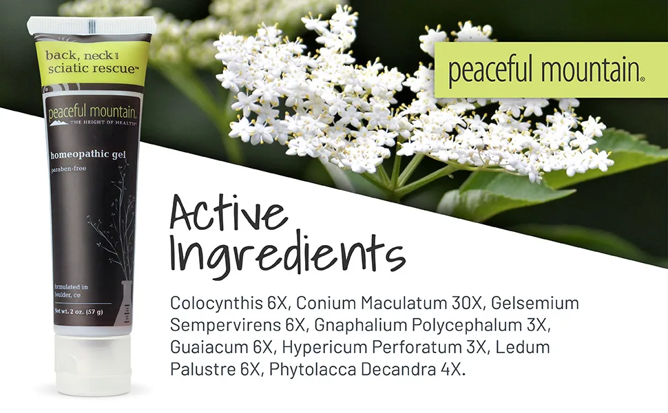 Peaceful Mountain Back Neck and Sciatic Rescue - for back and leg discomfort - 2oz 2 Ounce (Pack of 1) - Active ingredients include Colocynthis 6x, Conium Maculatum 30x, Gelsemium Sempervirens 6x...