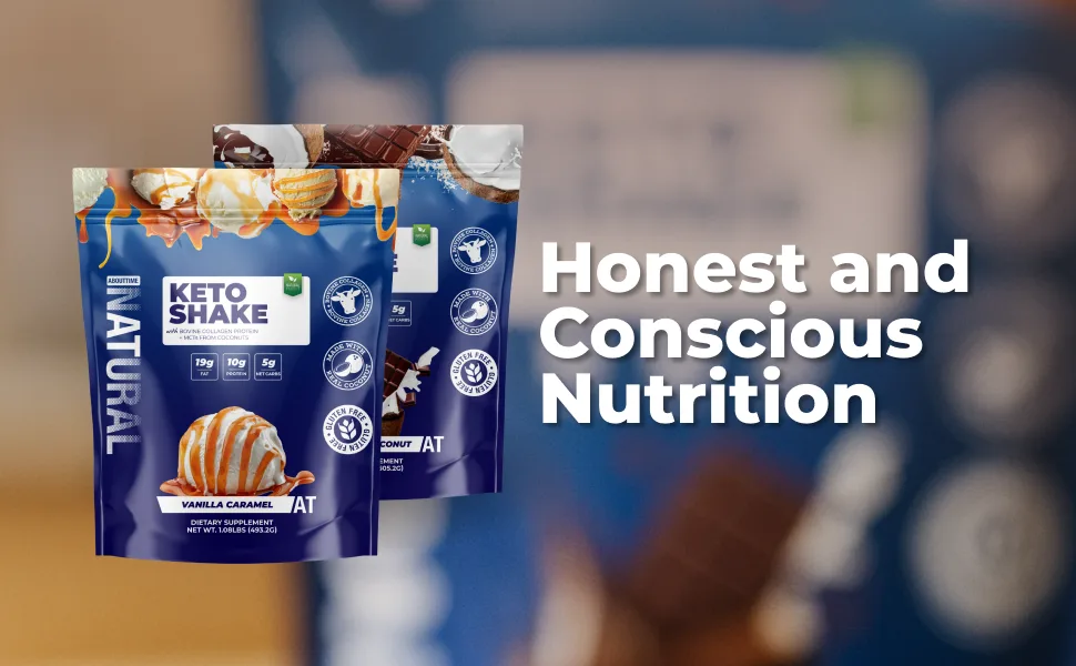 About Time Keto Shake with Bovine Collagen Protein + MCTs from Coconuts - 19g Fat 10g Protein 5g Net Carbs - Vanilla Caramel 1lb - honest